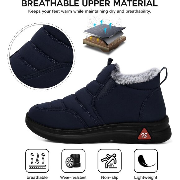 Winter Boots for Women Warm Fur Lined Navy Blue Slip on Ankle Waterproof Snow - Picture 5 of 6